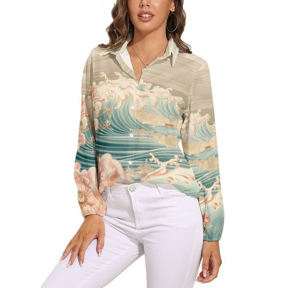 Wave Peony Long Sleeve Blouse Woman Streetwear Casual Shirts Summer Oversize Woman Streetwear Clothing Birthday Present