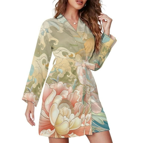 Wave Peony Night Robe Long Sleeve V Neck Robe With Belt Women's Sleepwear Dresses