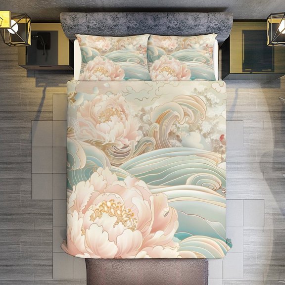 Wave Peony Quilt Cover Set Fashionable Printed Bedding Covers with Pillowcase Home Textiles, Full (79"x91")