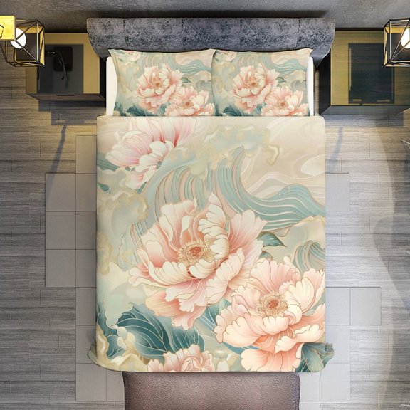 Wave Peony Quilt Cover Set Fashionable Printed Bedding Covers with Pillowcase Home Textiles, Queen (90"x90")