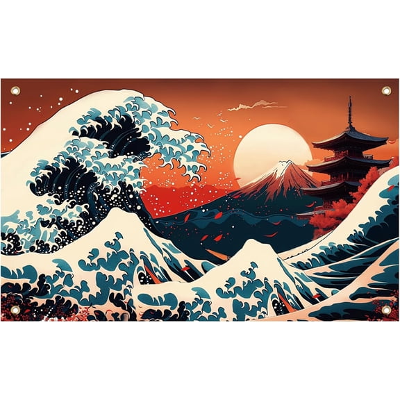 Wave Photography Backdrop Mount Fuji Kanagawa Landscape Wall Hanging Tapestry Asian Anime Mountain Sunset Background Cloth Banner for Room Birthday Party Photo Studio Decor,180x110cm/5.9x3.6ft