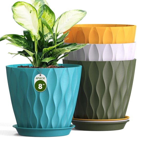 Wave Plant Pots with Drainage Holes & Saucers, 4 Pack Modern Textured Medium Planters for Indoor Outdoor Plants, Decorative Flower Pots Repotting Set for Flowers, Herbs