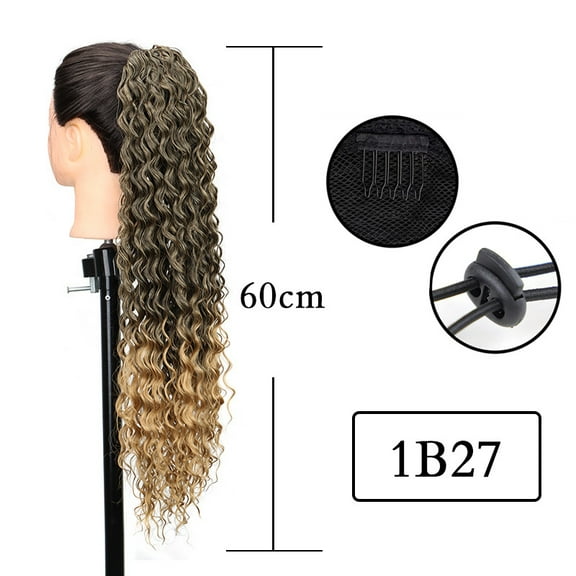 Wave Ponytail Extension Clip in - 23 Inch Long Wavy Curly Wrap Around Pony Tail Heat Resistant Synthetic Hairpiece for Women Elastic mesh drawstring ponytail Pulling rope net bag