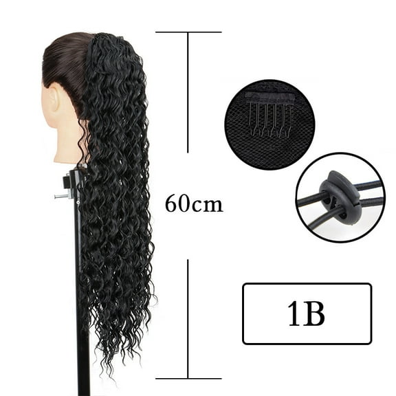 Wave Ponytail Extension Clip in - 23 Inch Long Wavy Curly Wrap Around Pony Tail Heat Resistant Synthetic Hairpiece for Women Elastic mesh drawstring ponytail Pulling rope net bag