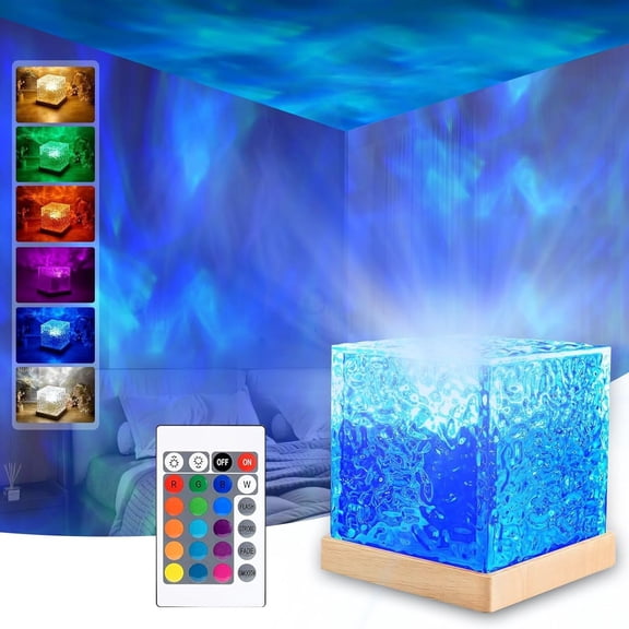 Wave Projector Lamp,Northern Lights  Projector Light,16 Colors Gradual Rotating Flame Water Lamp,Cube Night Light with Remote Control for Living Room Bedroom Decor Hotel, etc