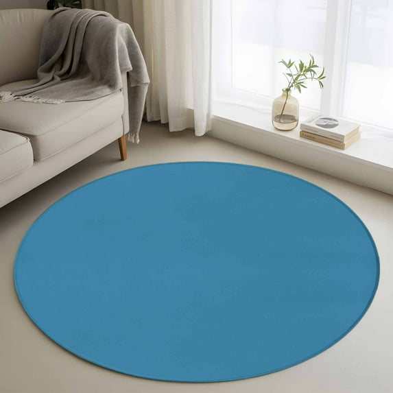 Wave Ride 3.3ft Round Rug, Farmhouse Solid Blue Color Modern Art Non-Skid Rubber Backing Large Area Rugs - Living Room Bedroom Home Office, Indoor Floor Mat Carpets Washable Rug