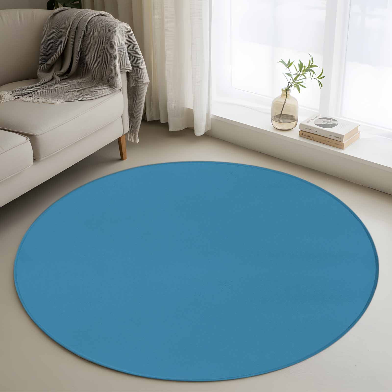 Wave Ride 4ft Round Rug, Farmhouse Solid Blue Color Modern Art Non-Skid ...
