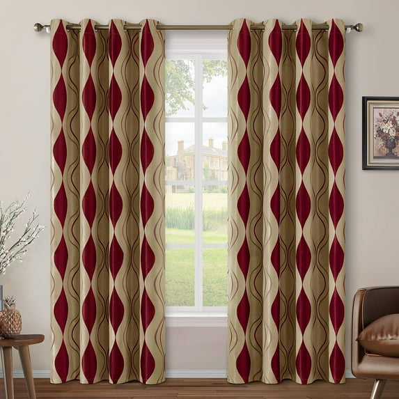 Wave Room Darkening Curtains Burgundy and Beige Panels Bedroom Jacquard Grommet Window Drapes for Living Room 42"W x 84"L (Pack of 2)