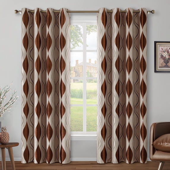 Wave Room Darkening Curtains Length Brown and Beige Panels Bedroom Jacquard Grommet Window Drapes for Living Room 26"W x 45"L (Pack of 2)