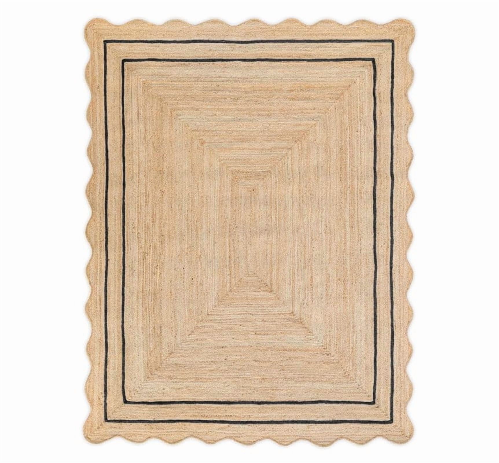 Wave Scalloped Natural Jute Rug, Handmade Boho Farmhouse Braided Eco-Friendly Indoor Carpet for Living Room, Bedroom, Hallway, Black, 11 X 14 FT