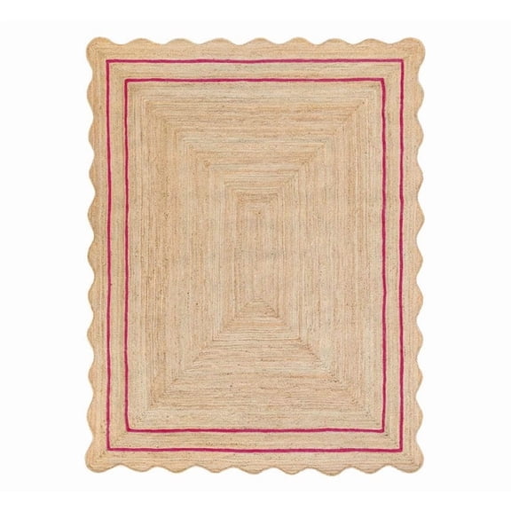 Wave Scalloped Natural Jute Rug, Handmade Boho Farmhouse Braided Eco-Friendly Indoor Carpet for Living Room, Bedroom, Hallway, Dark Pink, 2.6 X 12 FT
