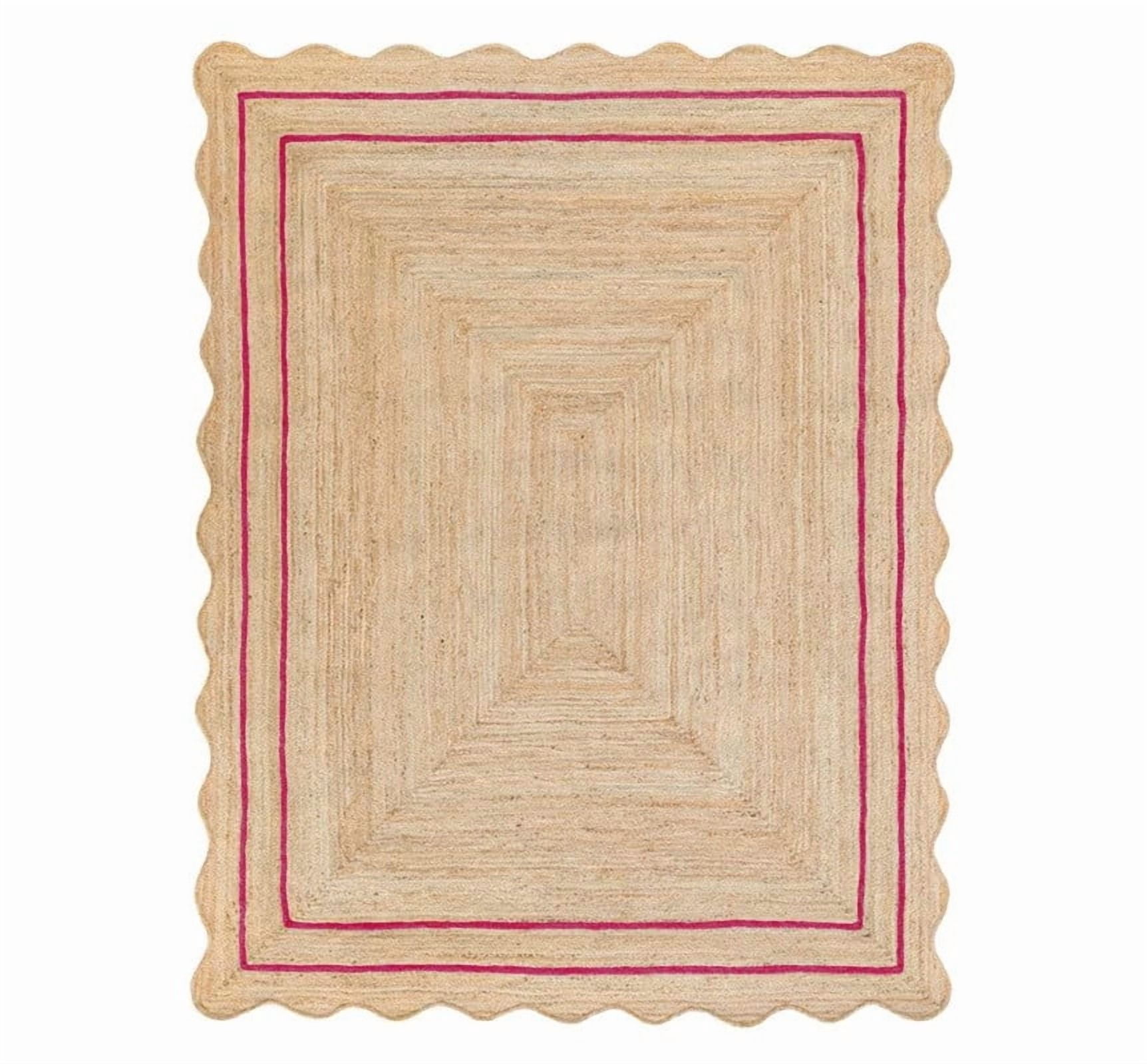 Wave Scalloped Natural Jute Rug, Handmade Boho Farmhouse Braided Eco-Friendly Indoor Carpet for Living Room, Bedroom, Hallway, Dark Pink, 2 X 12 FT
