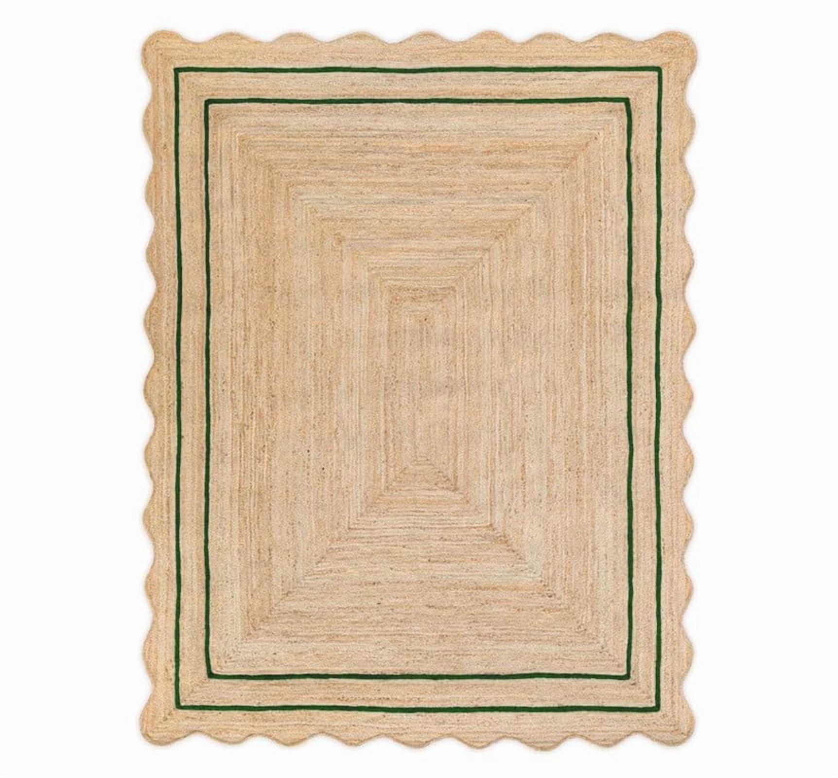 Wave Scalloped Natural Jute Rug, Handmade Boho Farmhouse Braided Eco-Friendly Indoor Carpet for Living Room, Bedroom, Hallway, Green, 4 X 6 FT