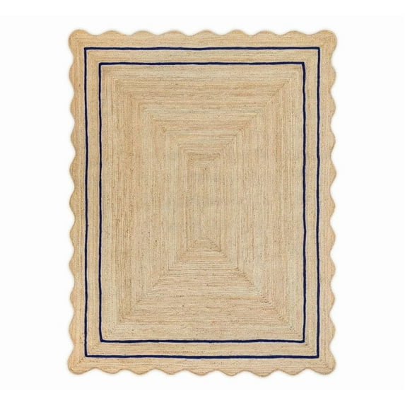 Wave Scalloped Natural Jute Rug, Handmade Boho Farmhouse Braided Eco-Friendly Indoor Carpet for Living Room, Bedroom, Hallway, Navy, 2.6 X 10 FT