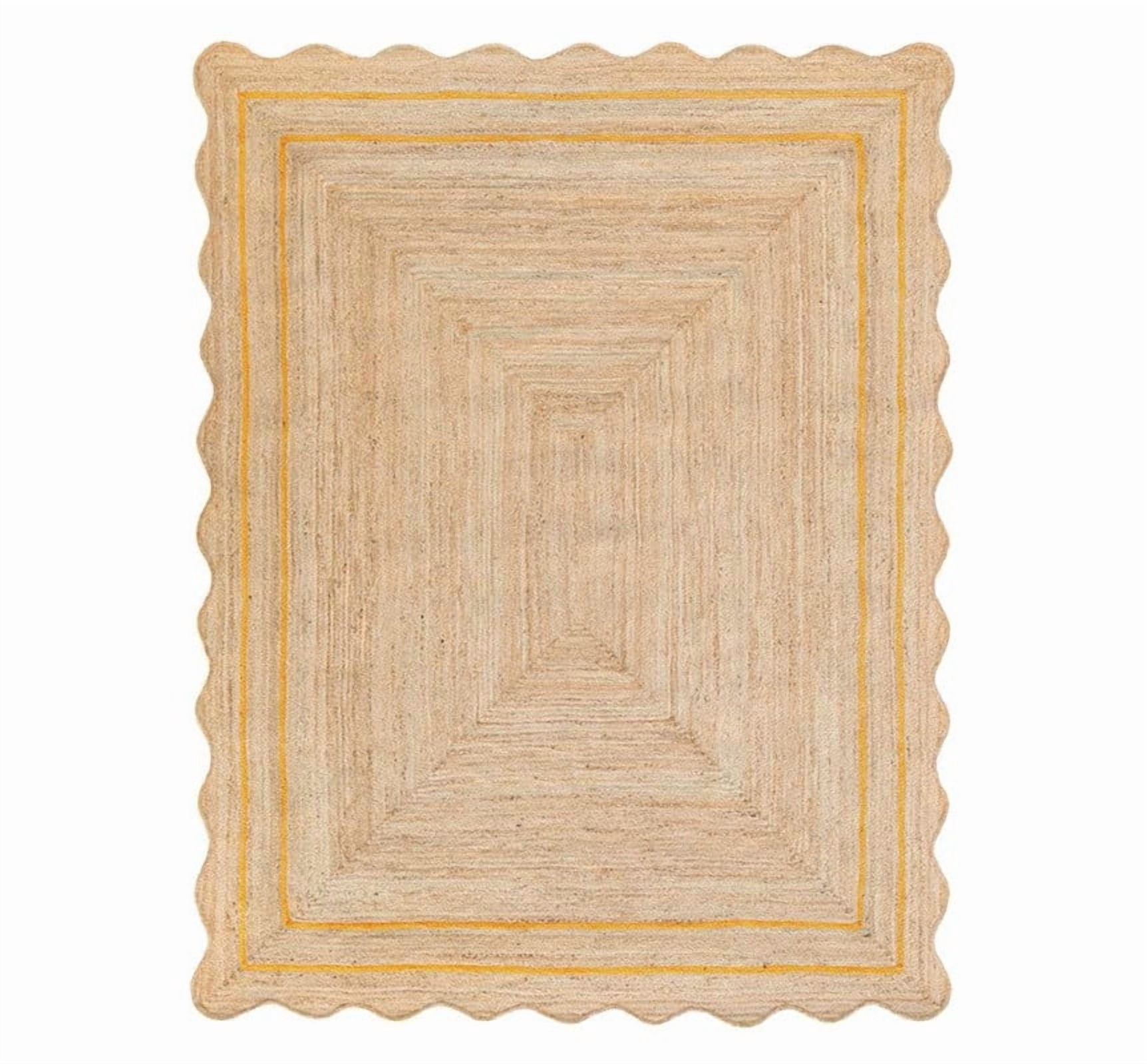 Wave Scalloped Natural Jute Rug, Handmade Boho Farmhouse Braided Eco-Friendly Indoor Carpet for Living Room, Bedroom, Hallway, Yellow, 5 X 8 FT