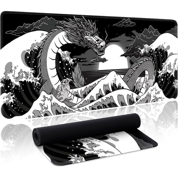 Wave Sea Dragon Gaming Mouse Pad Large Desk Mat Extended Black Keyboard Mouse Pad Gaming Mousepad with Non-Slip Base Stitched Edge Anime Mouse Mat Desk Pad 31.5 X 11.8 Mouse Pads for Desk Home Office