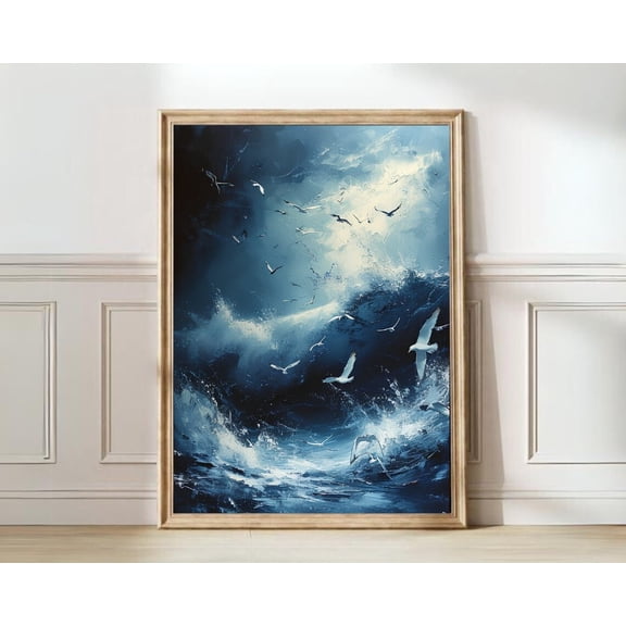 Wave Sea Ocean Moody Night Sky Indigo Blue Seagull Print, Unframed Paper Print Size 8x12