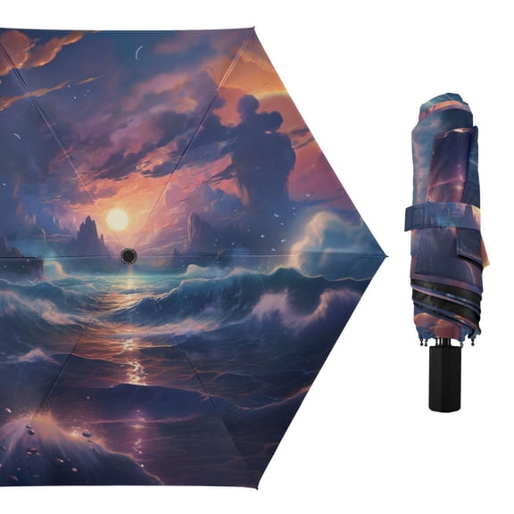 Wave Sea Sunset Compact Sun Umbrella Windproof Travel Umbrellas for Rain Strong Portable UV Protection