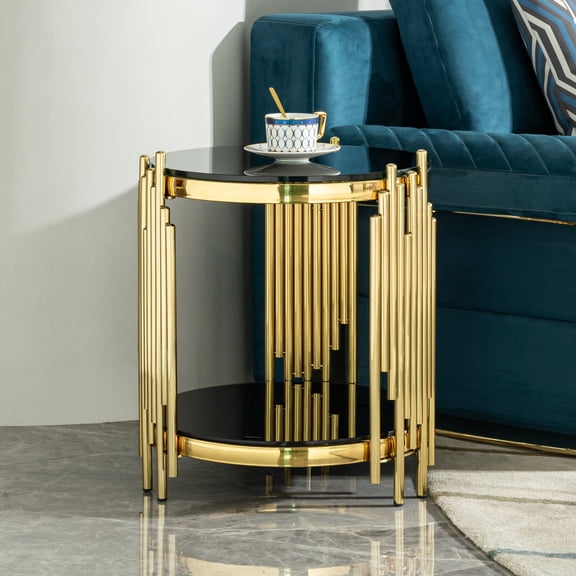 Wave Shaped Gold Stainless Steel Frame Round Side Table Tempered Glass Top Multipurpose Modern Coffee End Table For Home Decor