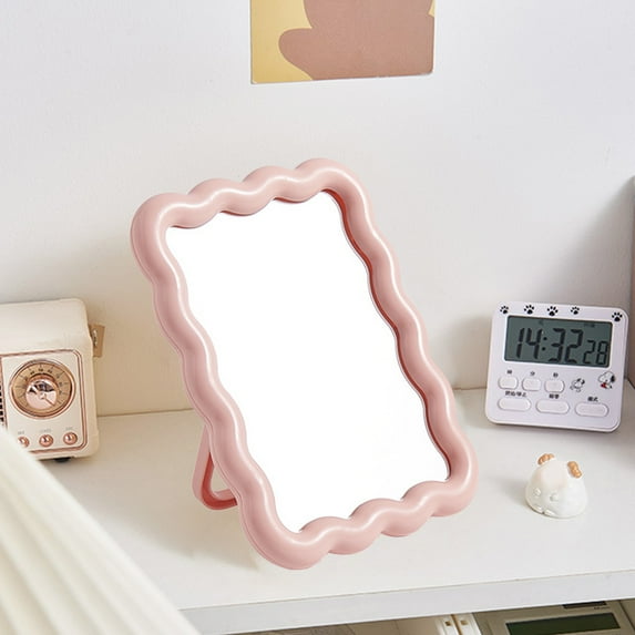 Wave-Shaped Table Desk Vanity Makeup Mirror Portable Folding Mirror Cute Travel Make Up Mirror for Standing/Hanging 6.7X5.3 Inch Home Decoration