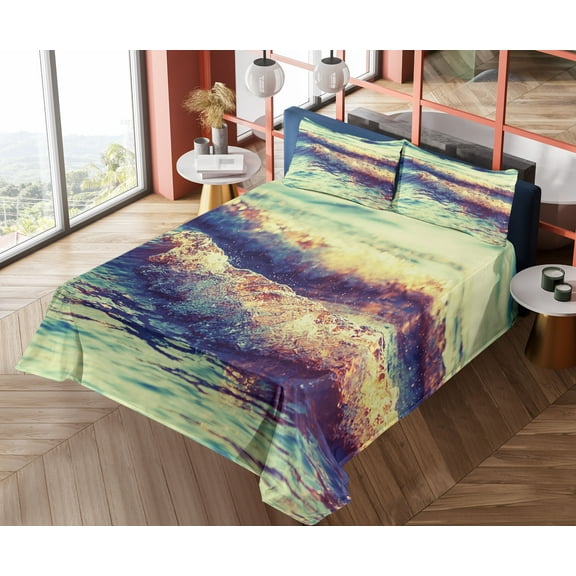Ambesonne Wave Fitted & Top Sheet Set with Shams, Calm Sea Theme Pastoral, Multicolor