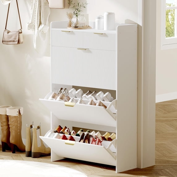 Wave Shoe Cabinet Slim Entryway Shoe Storage Organizer with 2 Flip Drawers,Slim Fluted Shoe Storage Organizer Fluted Texture Design, and Sturdy Metal Frame for Living Room, Bedroom, or Apartment