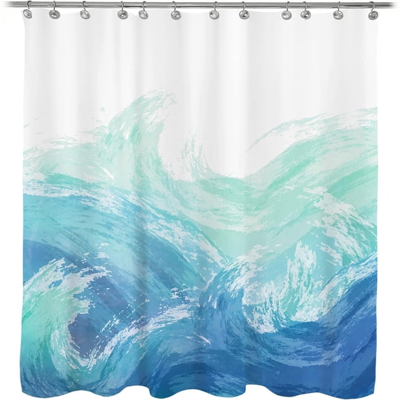 Wave Shower Curtain, Ombre Blue and Green Ocean Theme Shower Curtain for Bathroom Modern Decor Waterproof Tapestry, 72x72 Inch
