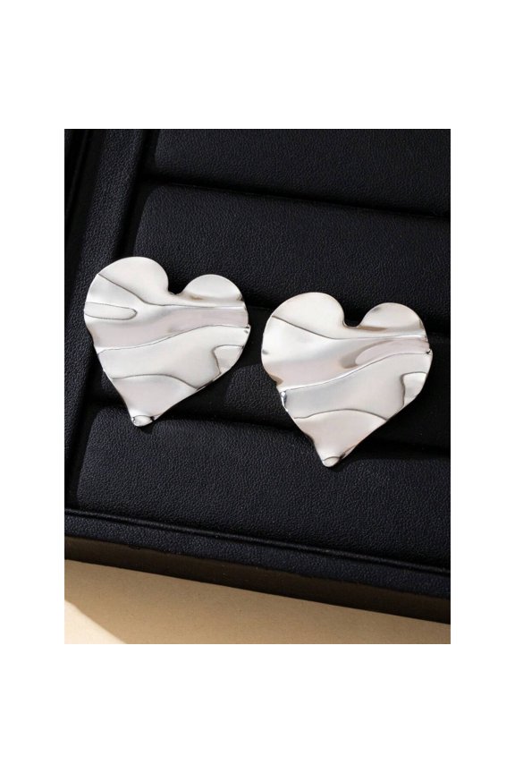 Wave Silver Heart-Shaped Wave Texture Metal Stud Earrings For Women
