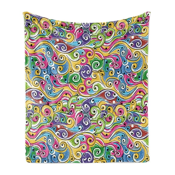 Wave Soft Flannel Fleece Blanket, Funky Colored Curves with Spiraling Ends Doodle Style Lively Summertime Inspired Art, Cozy Plush for Indoor and Outdoor Use, 50" x 70", Multicolor, by Ambesonne