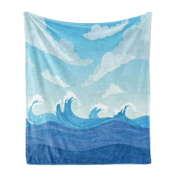 Wave Soft Flannel Fleece Throw Blanket, Hokusai Inspired Blue Ocean in Calm Tones Nautical Seascape, Cozy Plush for Indoor and Outdoor Use, 70" x 90", Dark Sky Blue Baby Blue, by Ambesonne