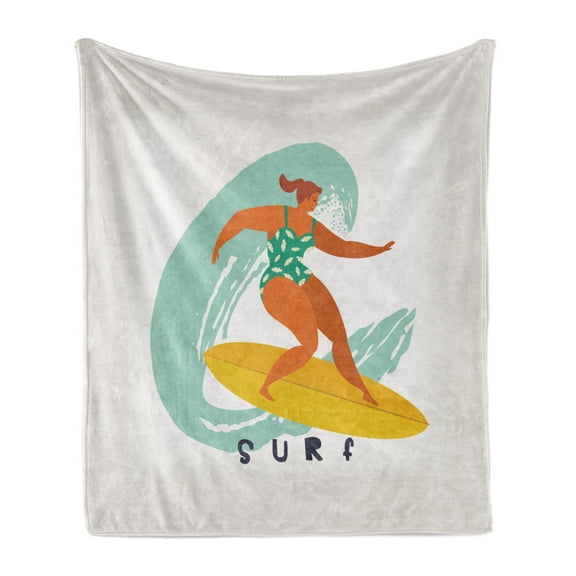 Wave Soft Flannel Fleece Throw Blanket, Woman Surfer at Sea Summertime Warm Doodle Art, Cozy Plush for Indoor and Outdoor Use, 50" x 60", Eggshell Multicolor, by Ambesonne