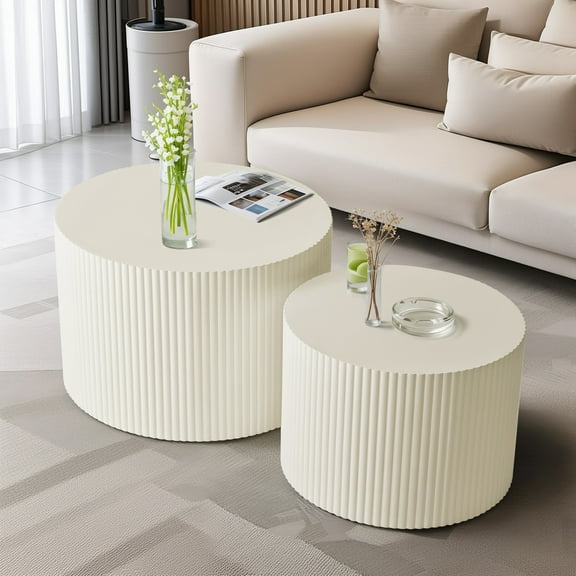 Wave Stripe Nesting Coffee Table Set for Living Room, Bedroom, Beige(Set of 2 Pieces)