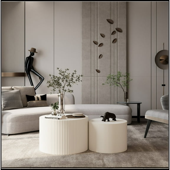 Wave Stripe Nesting Coffee Table Set for Living Room, Bedroom, Beige(Set of 2 Pieces)