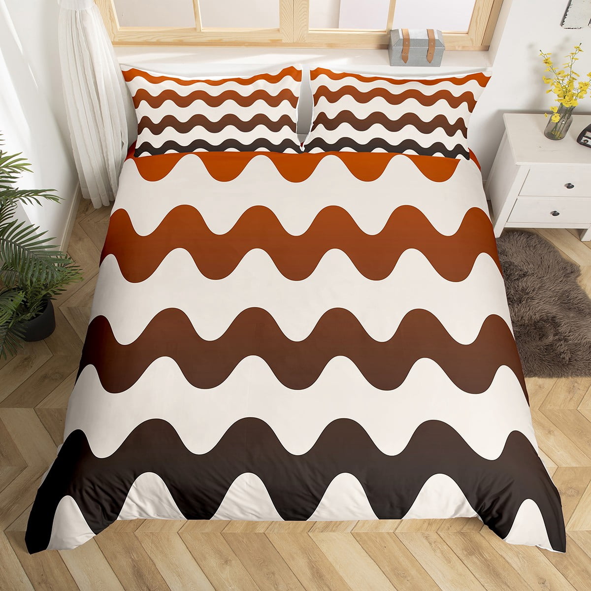 Wave Striped King Bedding Sets ,Gradient Orange Black Geometric Pattern ...