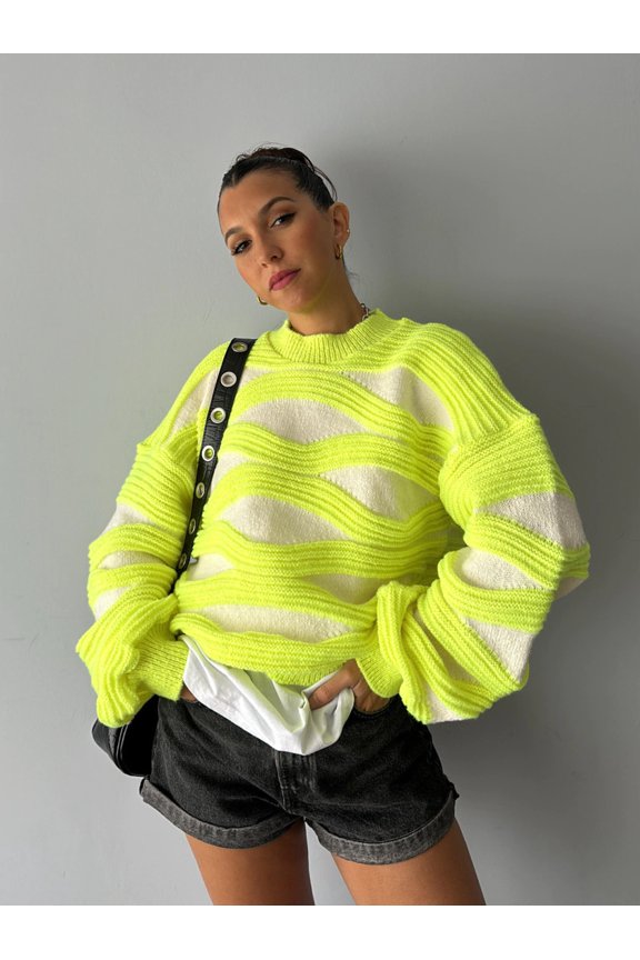 Wave Striped Knitted Sweater (M, MultiYellow)
