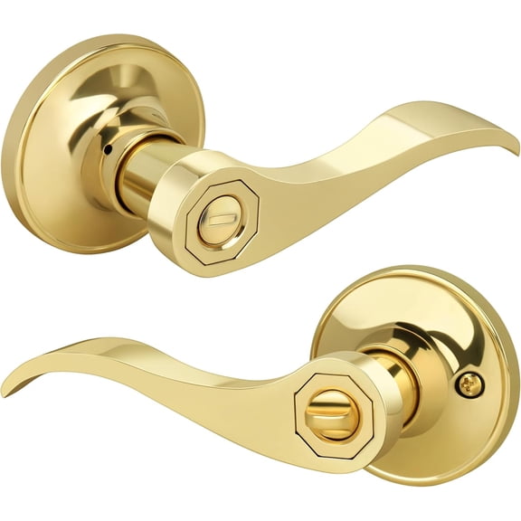 Wave Style Privacy Door Handle with Privacy Lock, Keyless Door Lever for Bathroom/Bedroom in Polished Brass Finish, No Key Reversible Lever for Left/Right Doors