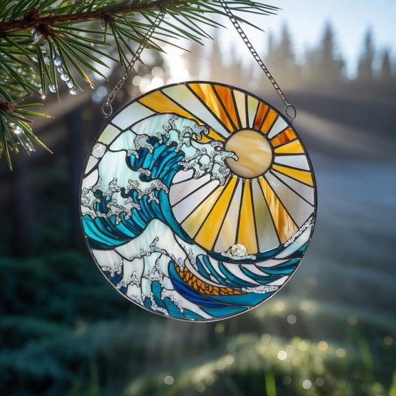 Wave Sun Acrylic Suncatcher Window Hanging, Single-Sided UV Printed Faux Stained Glass, Ocean Beach Window Hanging, Coastal Sun Rise Stained Glass Style Sun Catcher, Xmas Tree Ornament