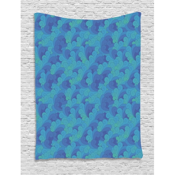 Wave Tapestry, Continuous Pattern of Doodle Like Ocean Sky Clouds Swirling Elements Abstract, Wall Hanging for Bedroom Living Room Dorm Decor, 60W X 80L Inches, Dark Ceil Blue Blue, by Ambesonne