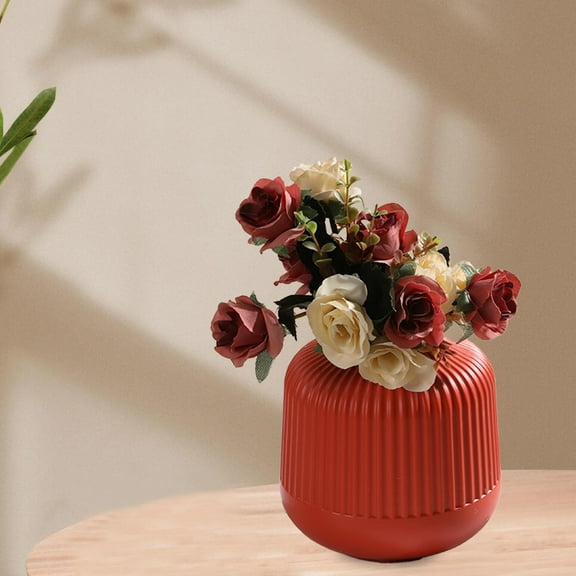 Wave-Textured Plastic Flower Vase - Faux Ceramic Planter Desktop Pot Modern Home Decor Artificial Plant Container(Red)