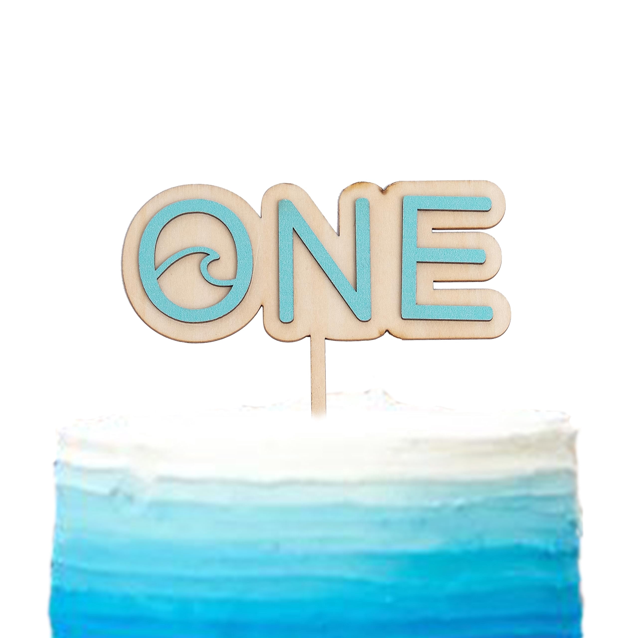 Wave Surf Wooden Cake Topper - 1st Birthday Party Decoration, Blue & White, Cupcake Pick (5.5" X 6.3")