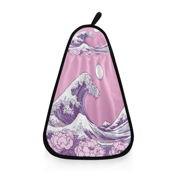 Wave and Blossom Illustration Hanging Towel Hand Towel 16.53x12.20in Quick-Drying for Kitchen and Bathroom Use