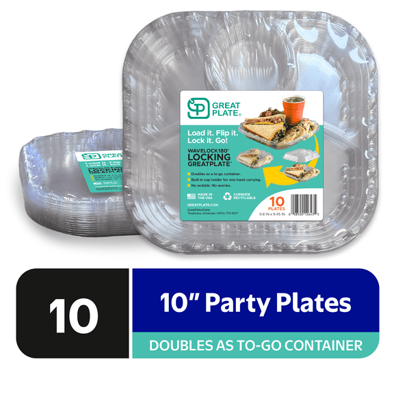 Wavelock180 GreatPlate Disposable Plate & Lid with Built-In Cup Holder, Serves as Cover, 10 Count