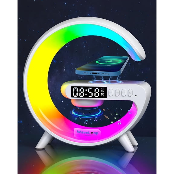 Waveloop Speaker Alarm Clocks for Bedrooms with Wireless Charging and G Bluetooth Speaker, Sunrise Wake Up Light RGB Night Lamp, 4-Button Bedside Alarm Clock for Bedroom Time Display, USB-C