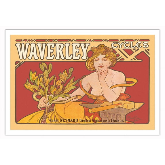 Waverley Cycles - Paris France - Vintage Bicycle Poster by Alphonse Mucha c.1898 - Fine Art Matte Paper Print (Unframed) 30x44in