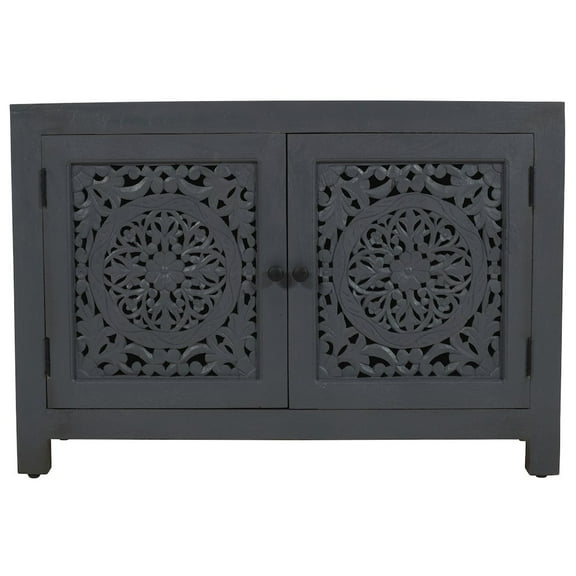 Waverly 2 Door Solid Wood Accent Cabinet with Hand-Carved Doors in Gray