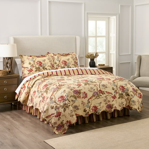 Waverly Charleston Chirp 4 pcs Quilt Set - 100% Cotton Light Weight Bedding with Bed Skirt & 2 Pillow Shams - Full/Queen Papaya