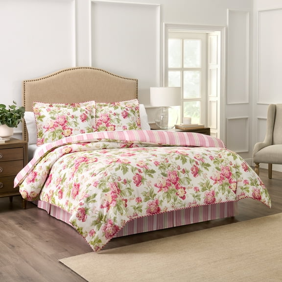 Waverly Forever Peony 4-Piece 100% Cotton Comforter Set - King Berry Floral Print, with 2 Shams & 1 Bedskirt