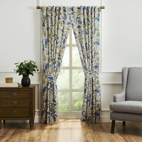 Waverly Imperial Dress Window Curtain Collection – Panel With Tie Back - Porcelain Design - 52" X 63"