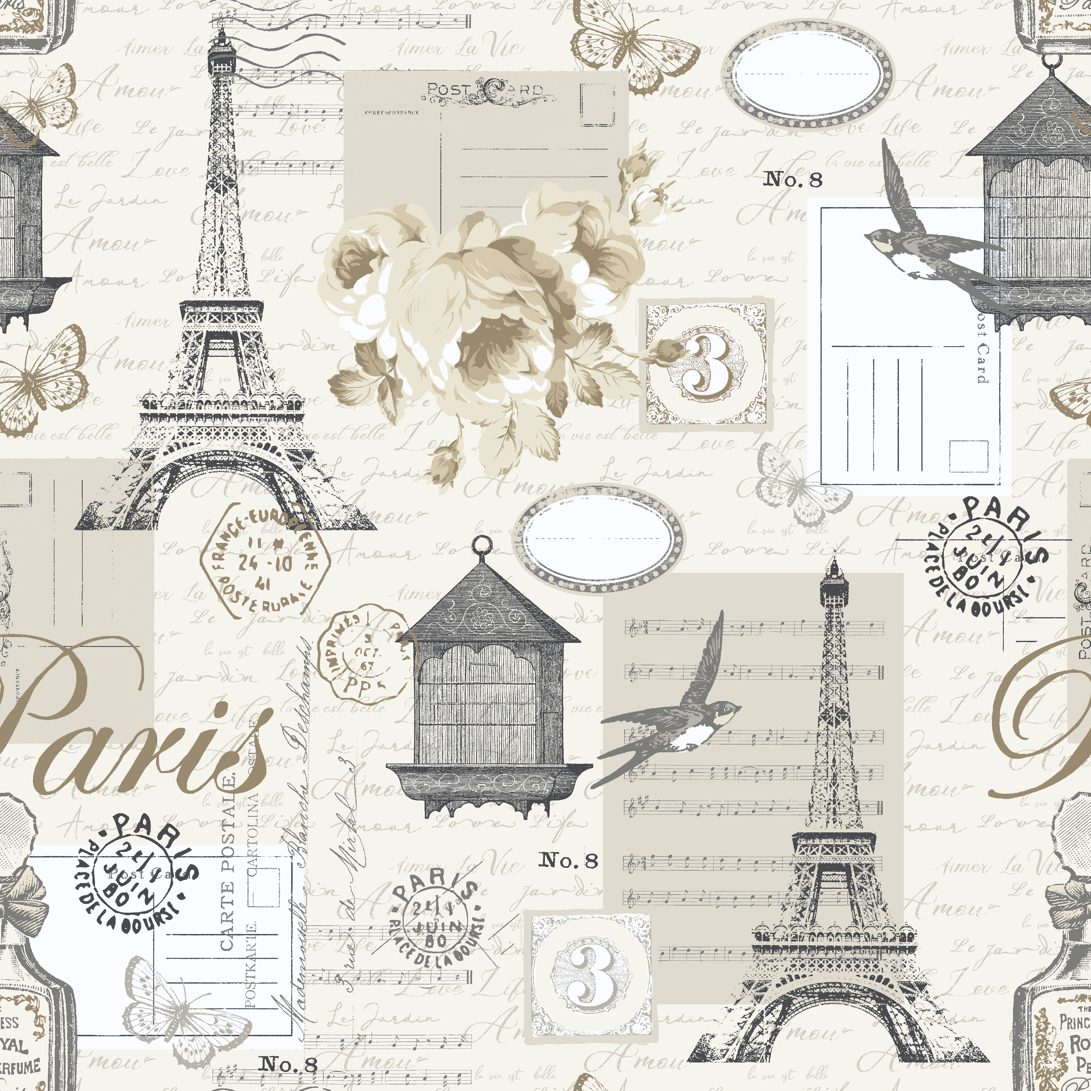 Waverly Inspirations 44" 100% Cotton Paris Days Floral Sewing & Craft Fabric By the Yard, Beige, Black and White