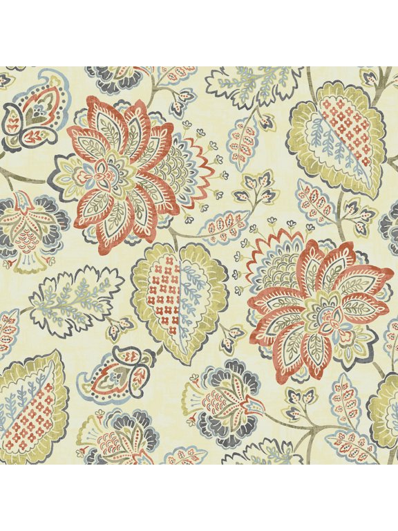 2 Yard Cut 100% Cotton Print Fabric Natural Brushed Jacobean Beige Red Gray, 45" Wide for Quilting & Sewing